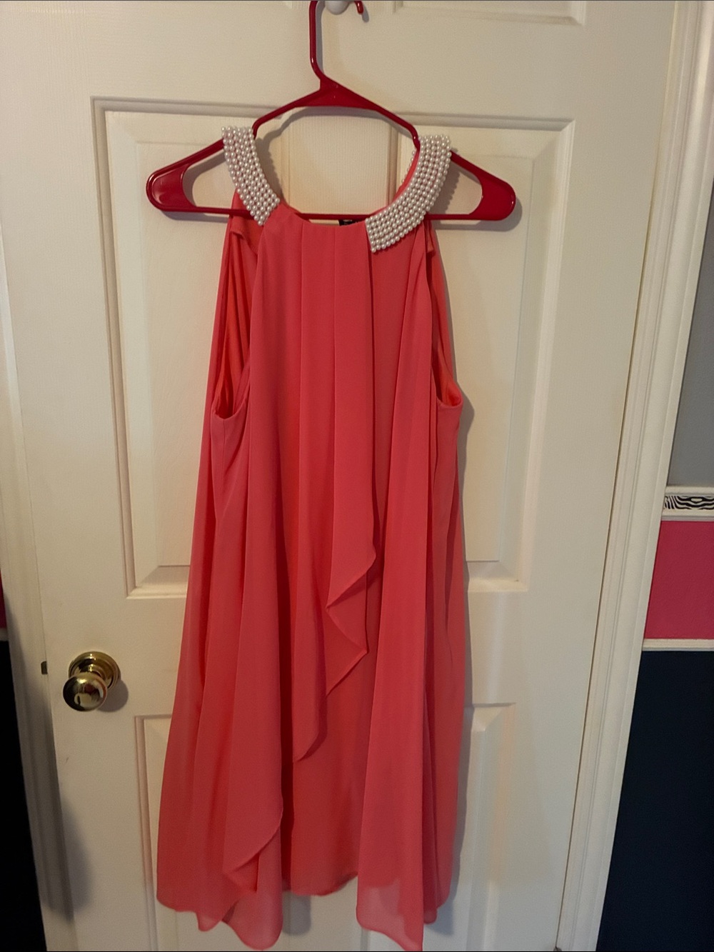 Coral Pearl Collar Chiffon Swing Dress